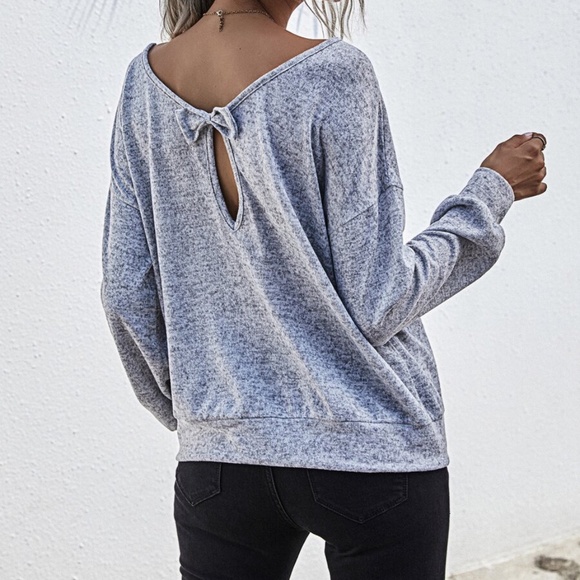 H. grey oversized off shoulder bow detail top - Picture 3 of 4